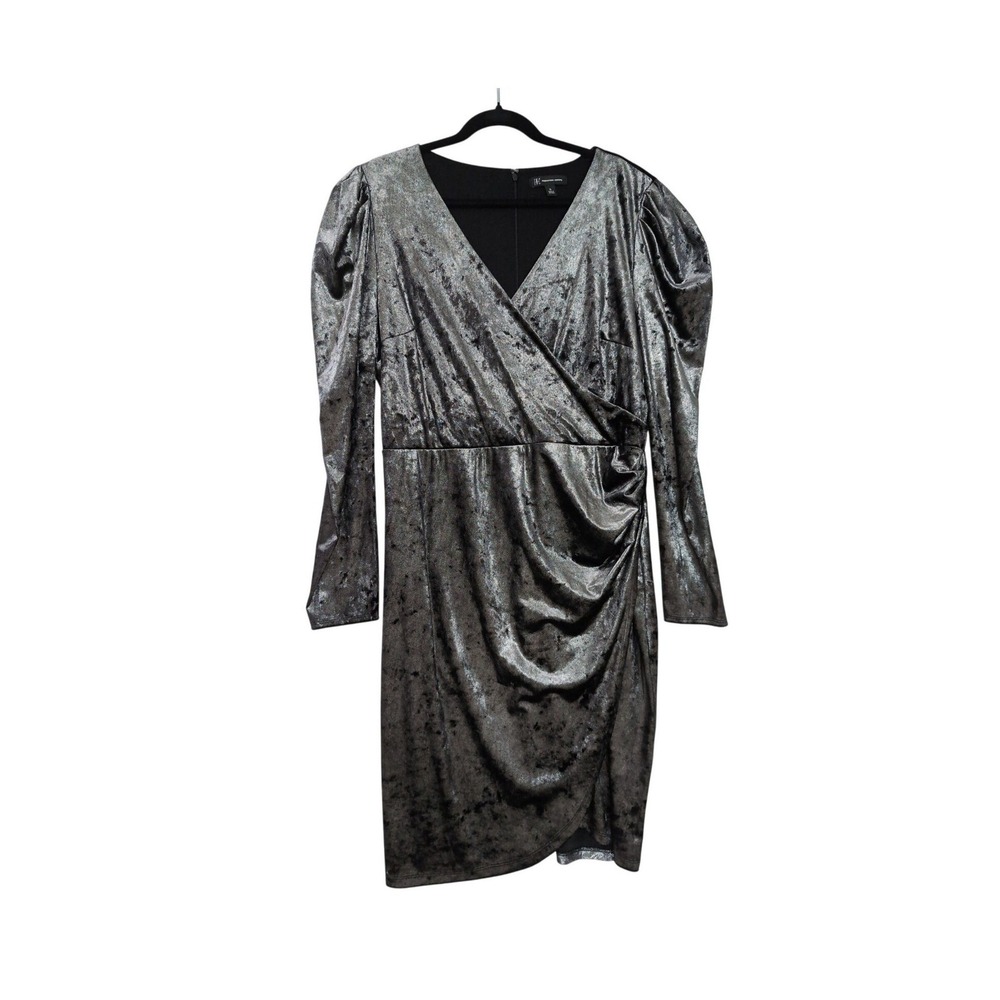 INC Crushed Velvet Faux Wrap Dress Women XL Silver Puff Sleeve Career Date Glam